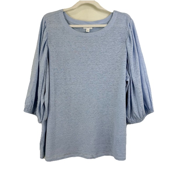 J. Jill 100% Linen Blue top Women 2X‎ Peasant Pullover Puff Balloon Sleeve - Picture 1 of 11